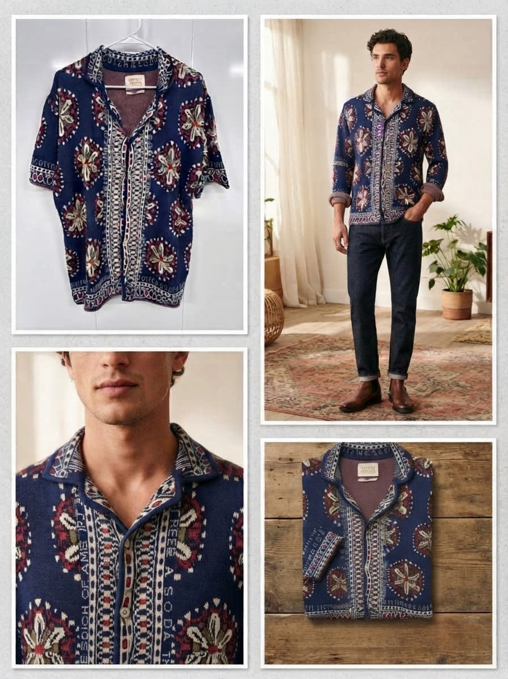 Scotch & Soda Men's Knit Short Sleeve Button Up Shirt Blue Geometric Size L